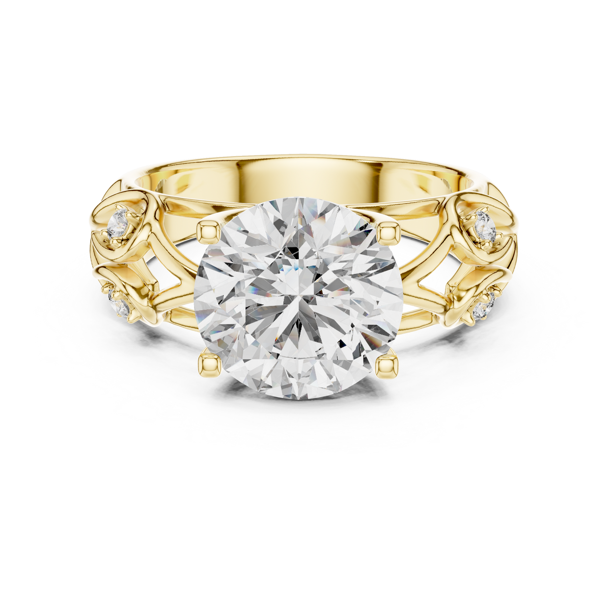Verlovingsring met ronde diamant van 3,5 ct en opengewerkte ringscheen in geelgoud — aanzicht 12