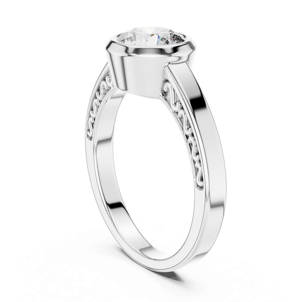 1ct Round Diamond Bezel Solitaire Ring in white gold, view 5