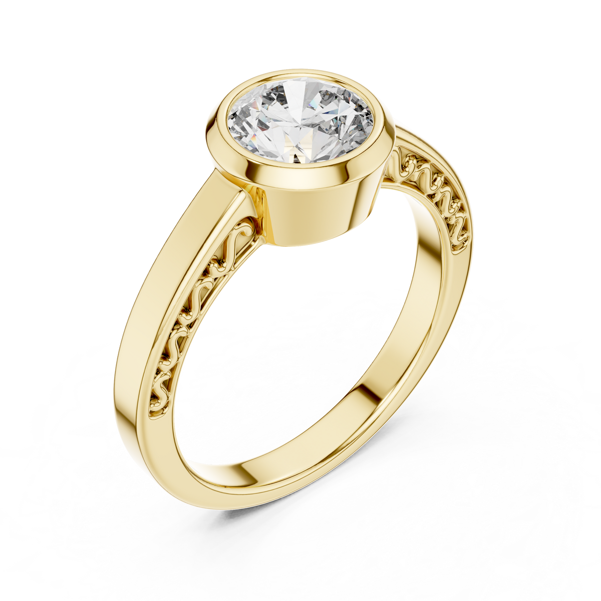 1ct Round Diamond Bezel Solitaire Ring in yellow gold, view 7