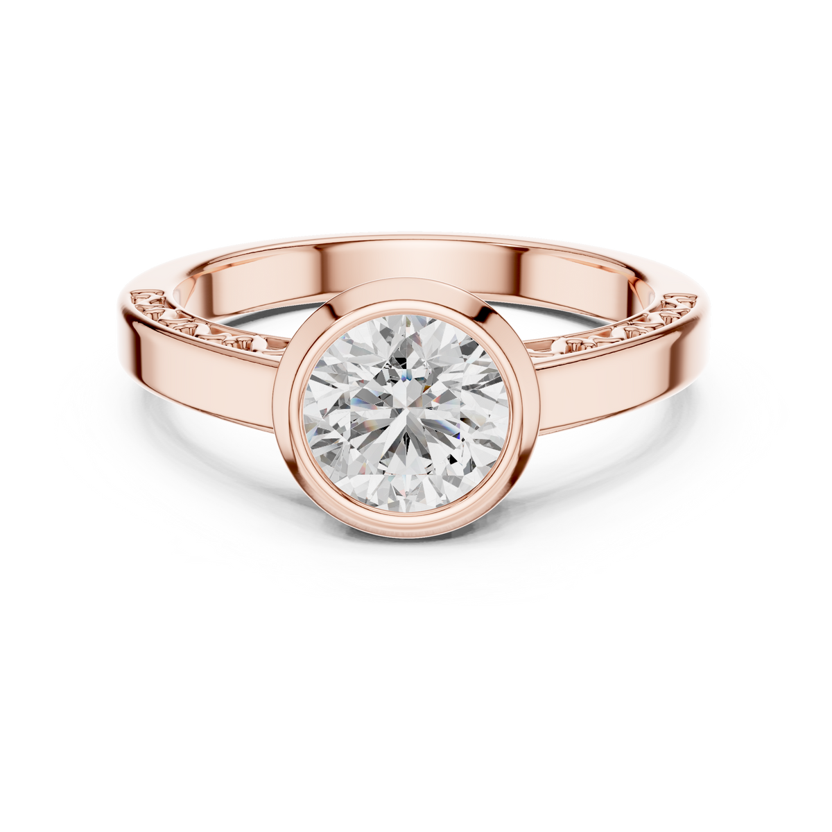 1ct Round Diamond Bezel Solitaire Ring in rose gold, view 9