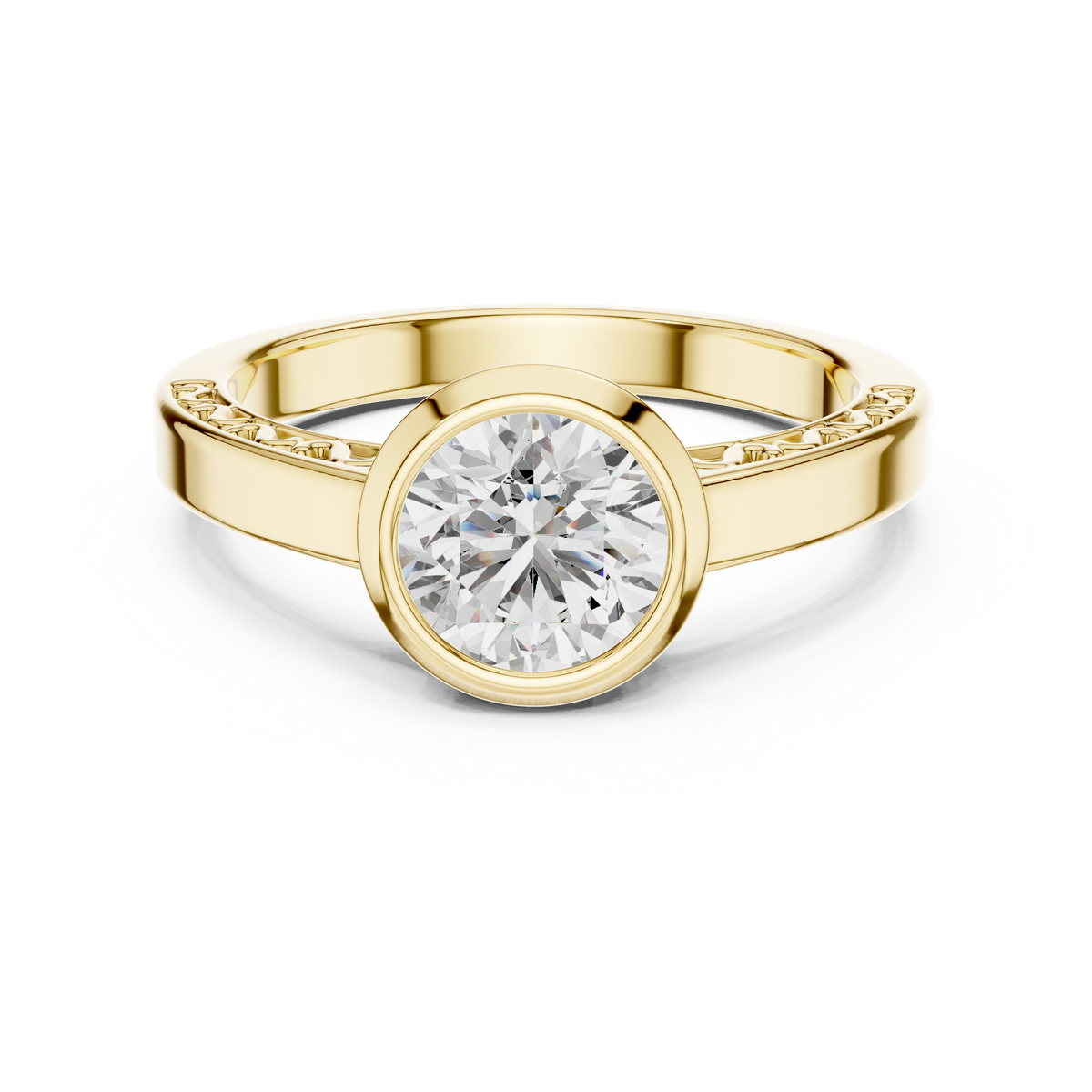 1ct Round Diamond Bezel Solitaire Ring in yellow gold, view 3