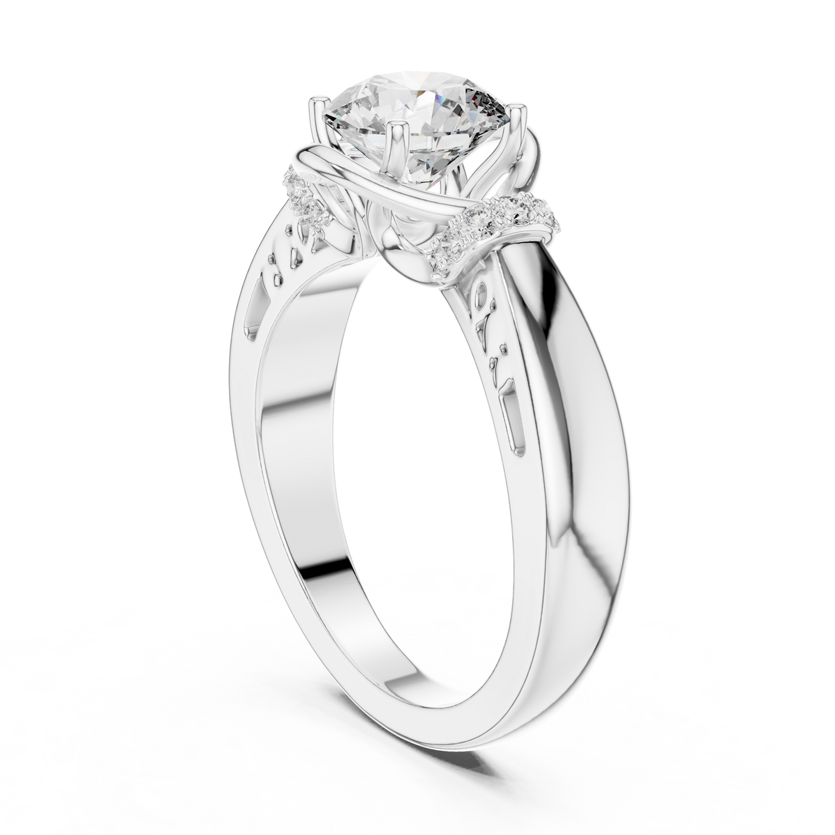 1ct Round Diamond Openwork-Basket Solitaire Ring in white gold, view 2