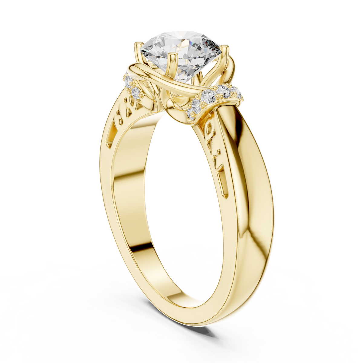 1ct Round Diamond Openwork-Basket Solitaire Ring in yellow gold, view 1