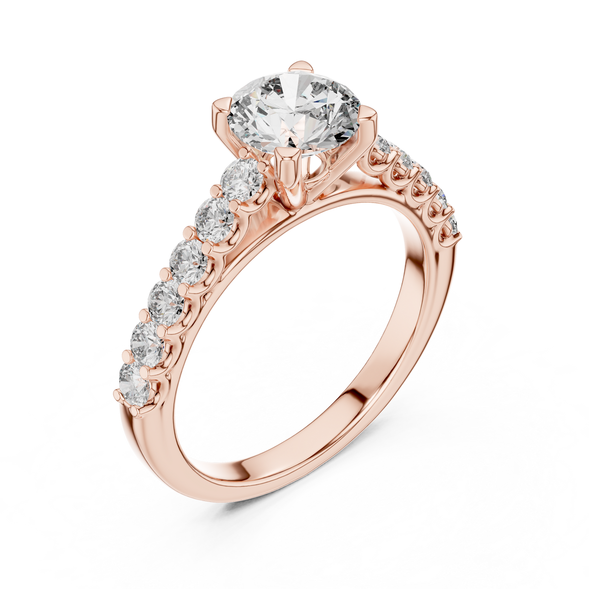 Ring met ronde diamant van 1 ct en oplopende zijstenen in roségoud — aanzicht 10