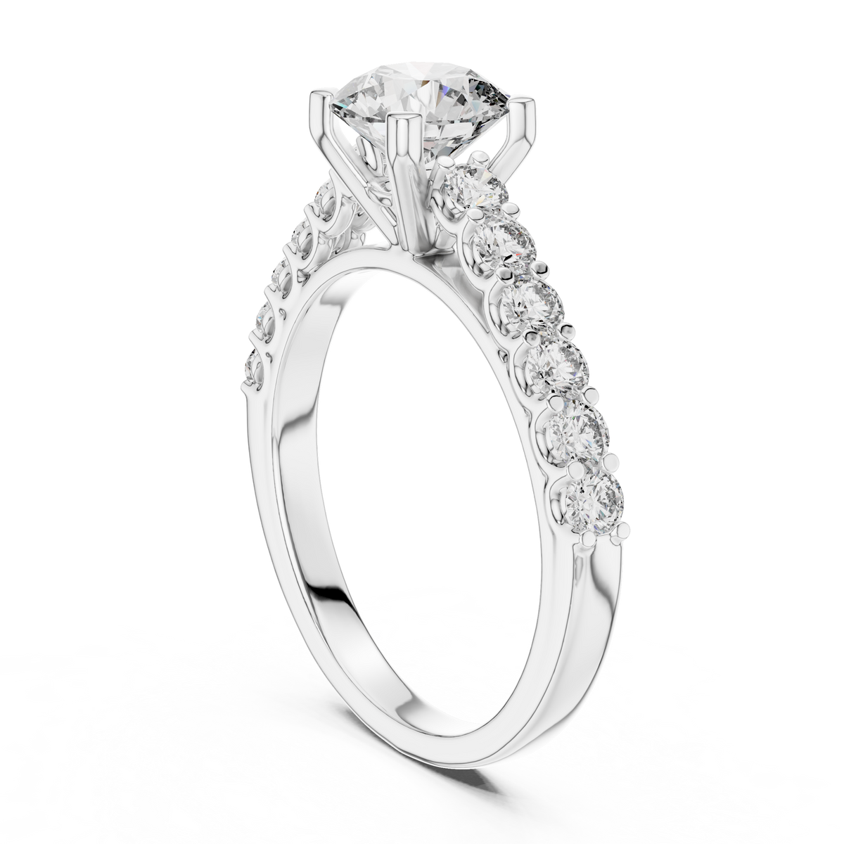 Ring met ronde diamant van 1 ct en oplopende zijstenen in witgoud — aanzicht 2