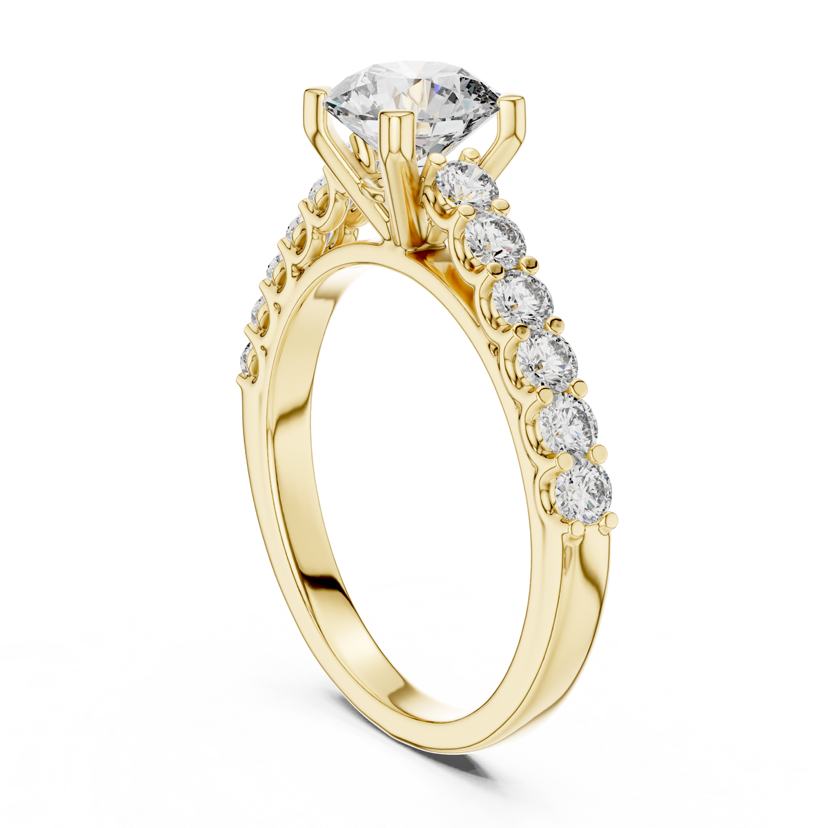 Ring met ronde diamant van 1 ct en oplopende zijstenen in geelgoud — aanzicht 1
