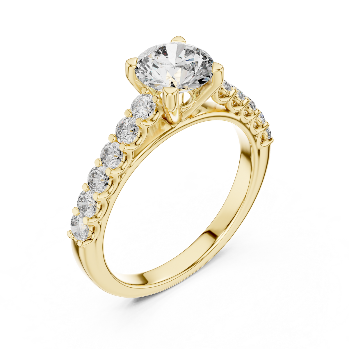 Ring met ronde diamant van 1 ct en oplopende zijstenen in geelgoud — aanzicht 12