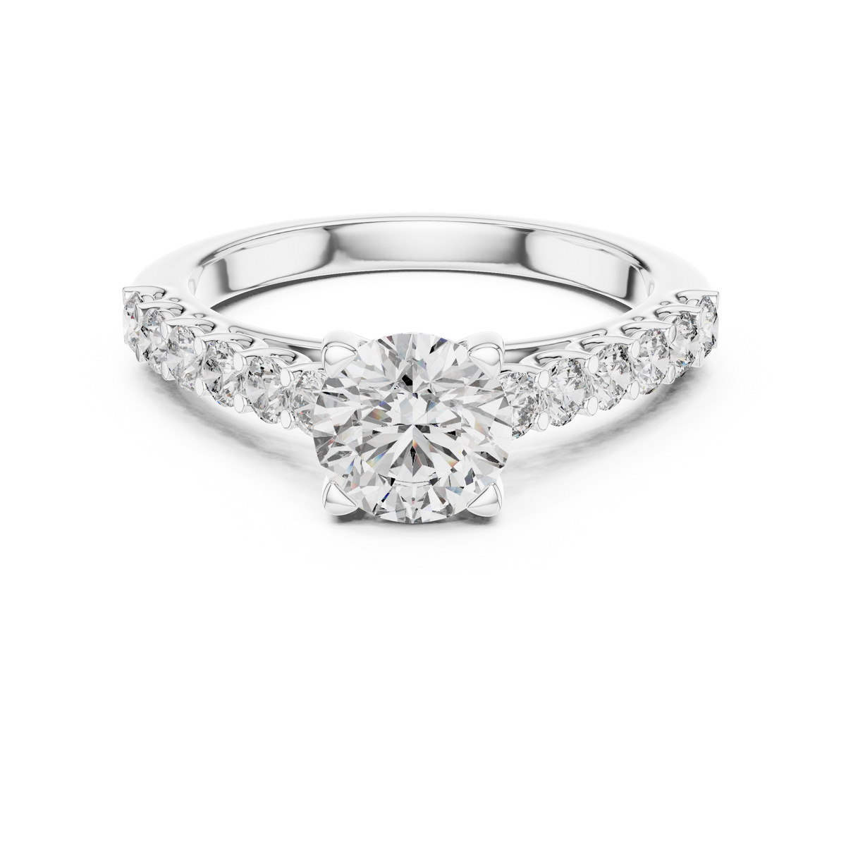 Ring met ronde diamant van 1 ct en oplopende zijstenen in witgoud — aanzicht 5
