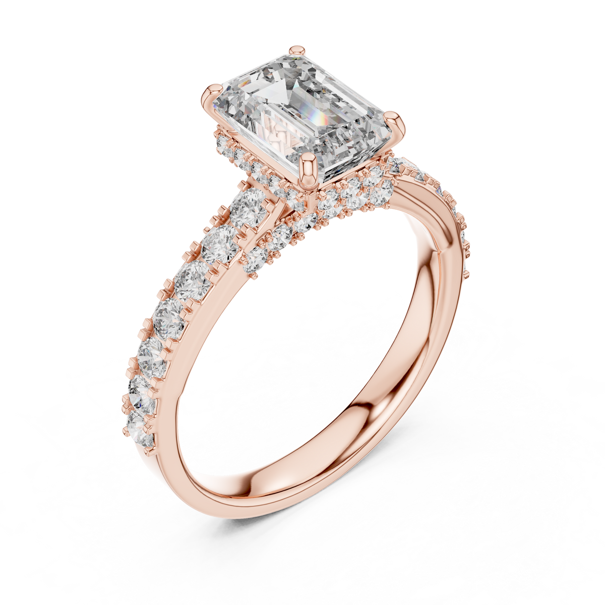 Ring met emeraldgeslepen diamant van 1 ct en verborgen halo in roségoud — aanzicht 9