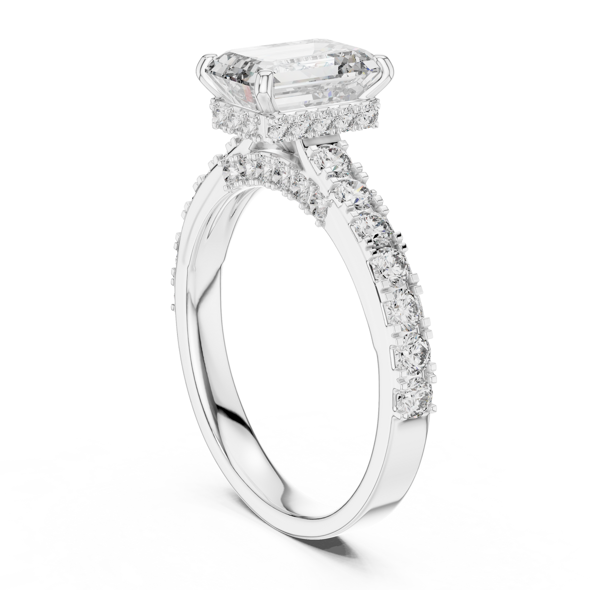 Verlovingsring met emeraldgeslepen diamant van 1,5 ct en verborgen halo in witgoud — aanzicht 7