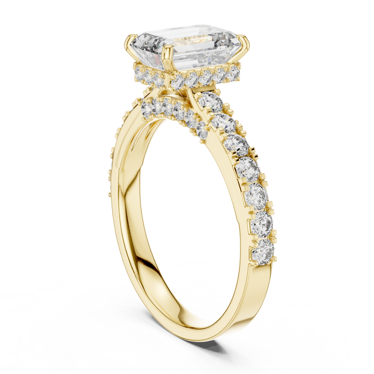 Verlovingsring met emeraldgeslepen diamant van 1,5 ct en verborgen halo in geelgoud — aanzicht 6