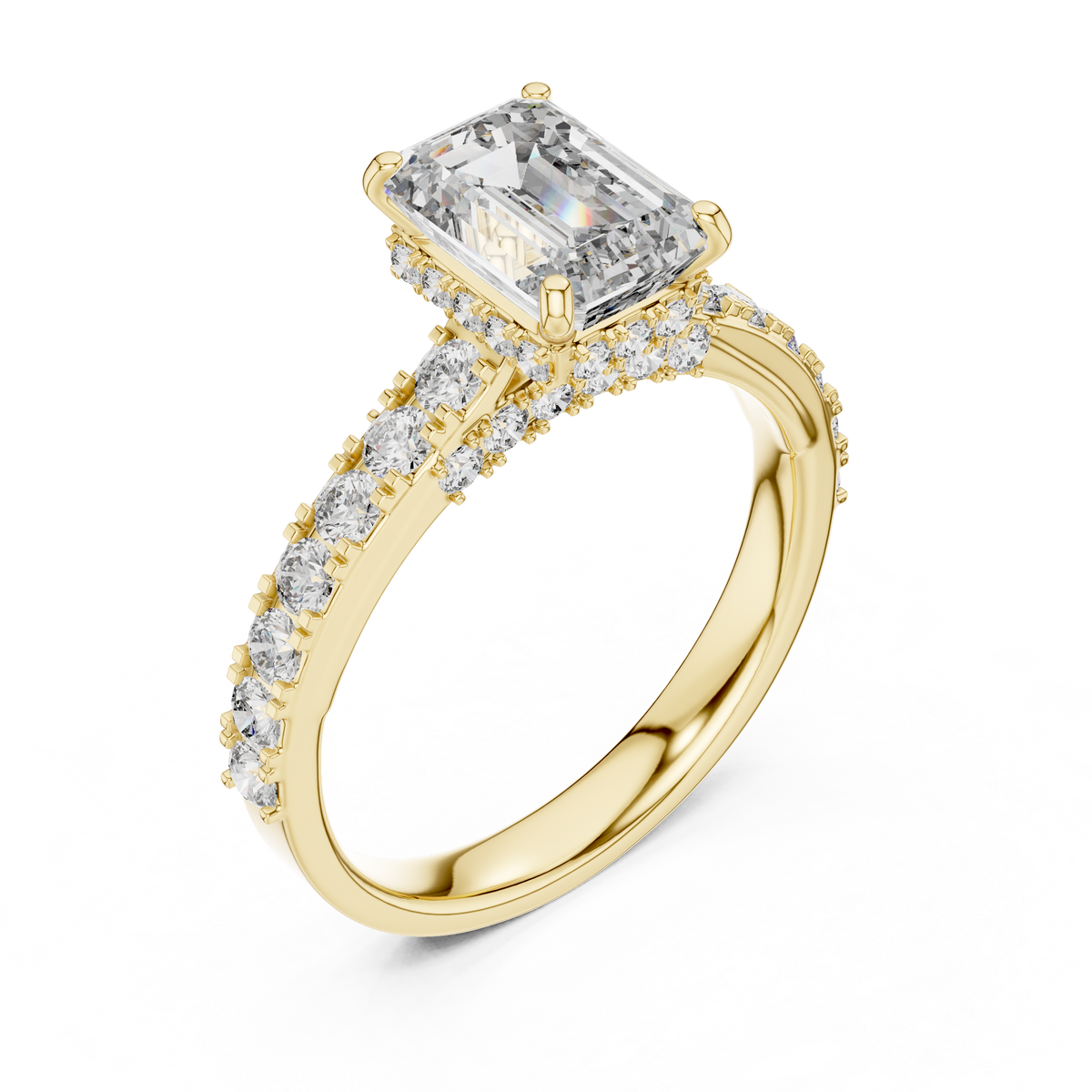 1.5ct Emerald-Cut Diamond Hidden Halo Engagement Ring in yellow gold, view 1
