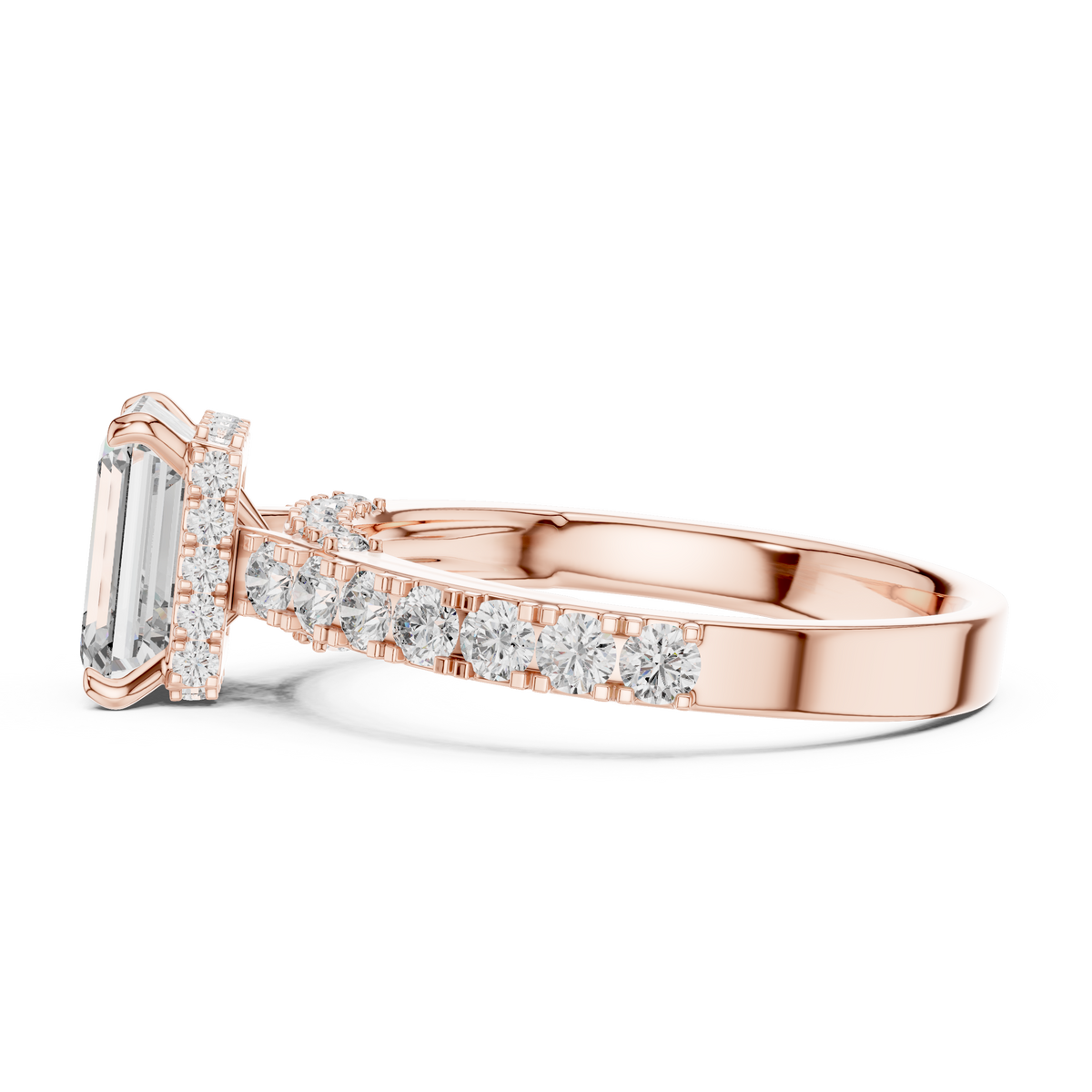 Ring met emeraldgeslepen diamant van 1 ct en verborgen halo in roségoud — aanzicht 4