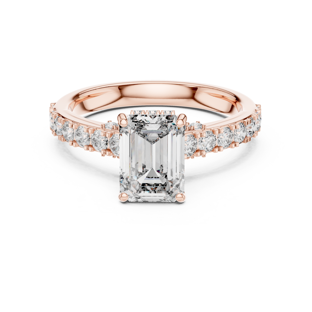 Verlovingsring met emeraldgeslepen diamant van 1,5 ct en verborgen halo in roségoud — aanzicht 9