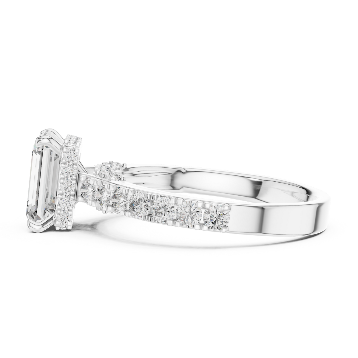 Verlovingsring met emeraldgeslepen diamant van 1,5 ct en verborgen halo in witgoud — aanzicht 10