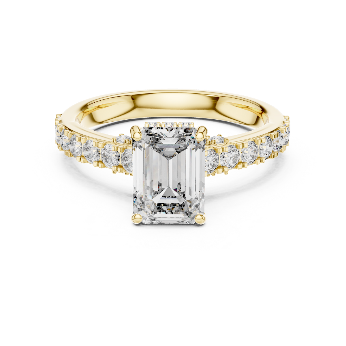 Verlovingsring met emeraldgeslepen diamant van 1,5 ct en verborgen halo in geelgoud — aanzicht 4