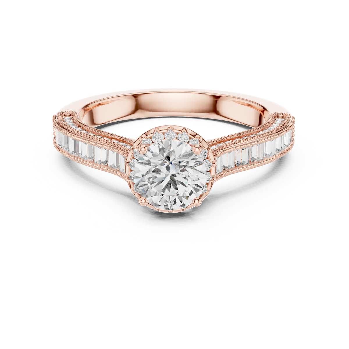 Pavéverlovingsring met ronde diamant van 4 ct en verborgen halo in roségoud — aanzicht 4