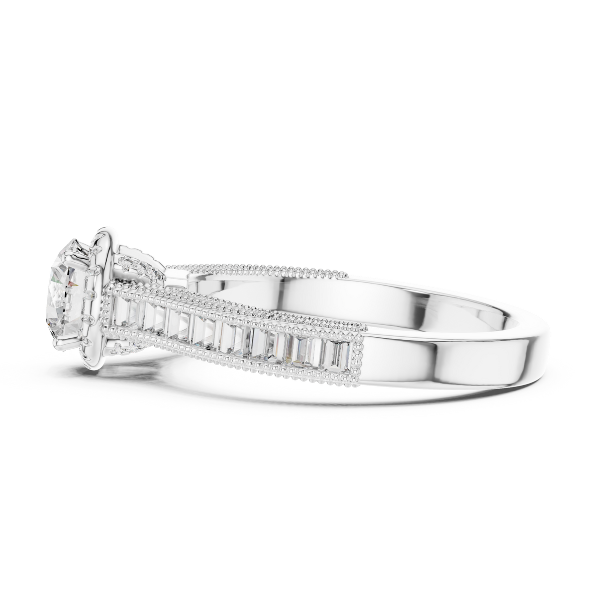 Pavéverlovingsring met ronde diamant van 4 ct en verborgen halo in witgoud — aanzicht 5