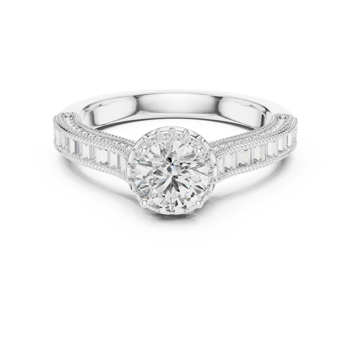 Pavéverlovingsring met ronde diamant van 4 ct en verborgen halo in witgoud — aanzicht 6