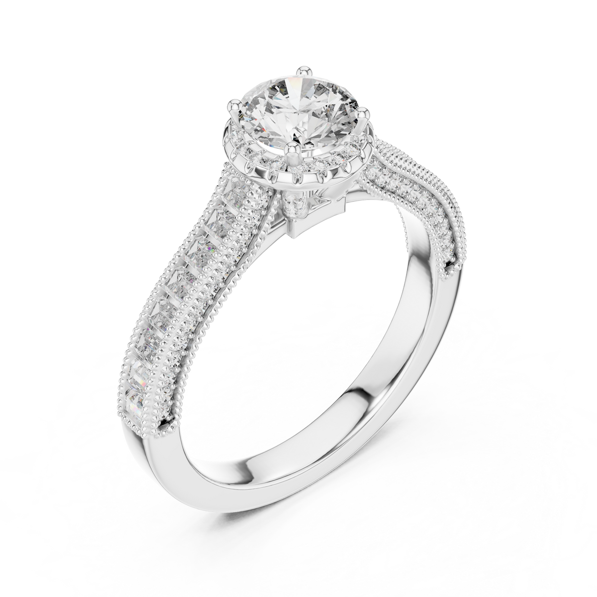 Pavéverlovingsring met ronde diamant van 4 ct en verborgen halo in witgoud — aanzicht 11