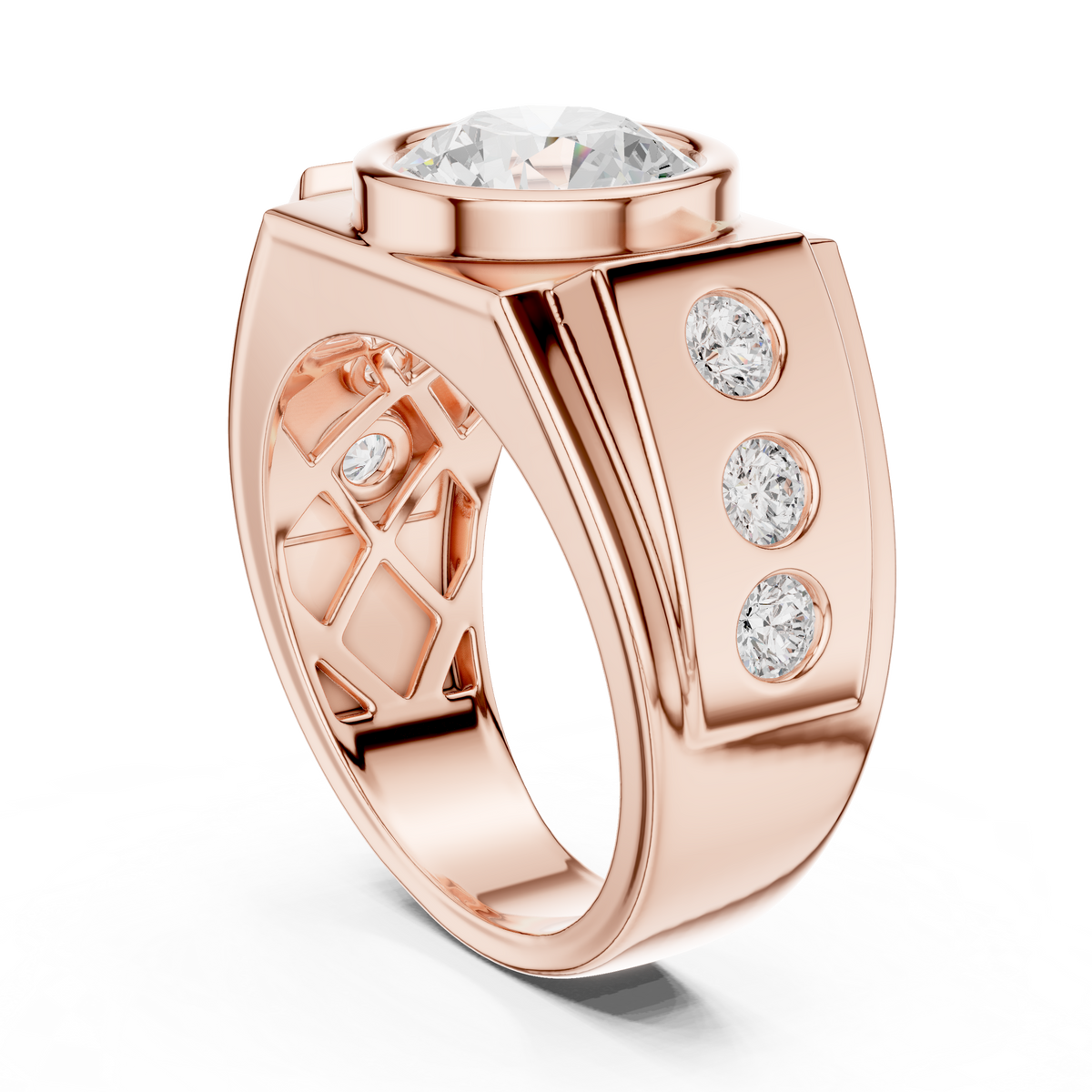 Opengewerkte ring met ronde diamant van 3 ct in kastzetting in roségoud — aanzicht 4
