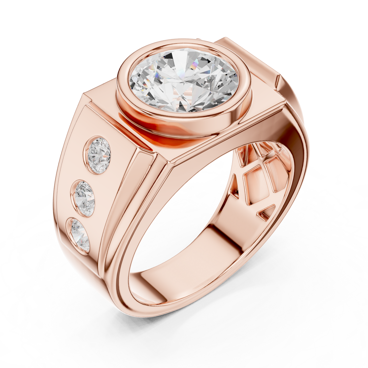 Opengewerkte ring met ronde diamant van 3 ct in kastzetting in roségoud — aanzicht 5