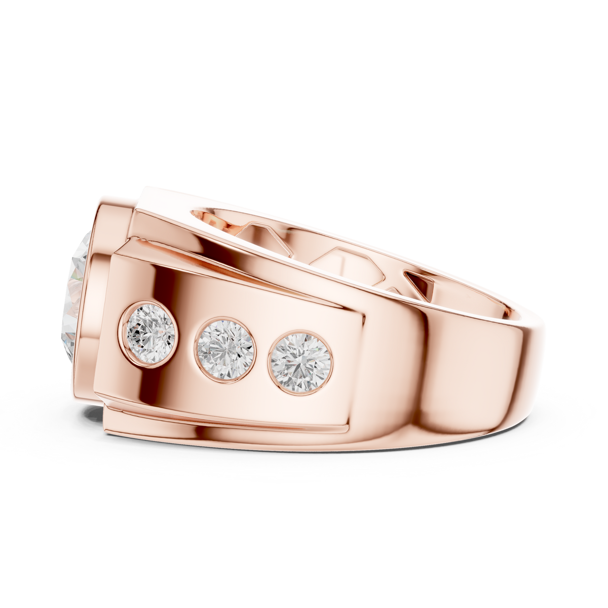 Opengewerkte ring met ronde diamant van 3 ct in kastzetting in roségoud — aanzicht 6