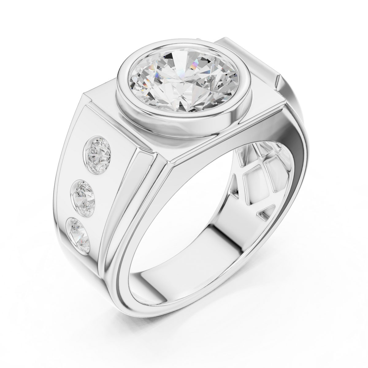Opengewerkte ring met ronde diamant van 3 ct in kastzetting in witgoud — aanzicht 10