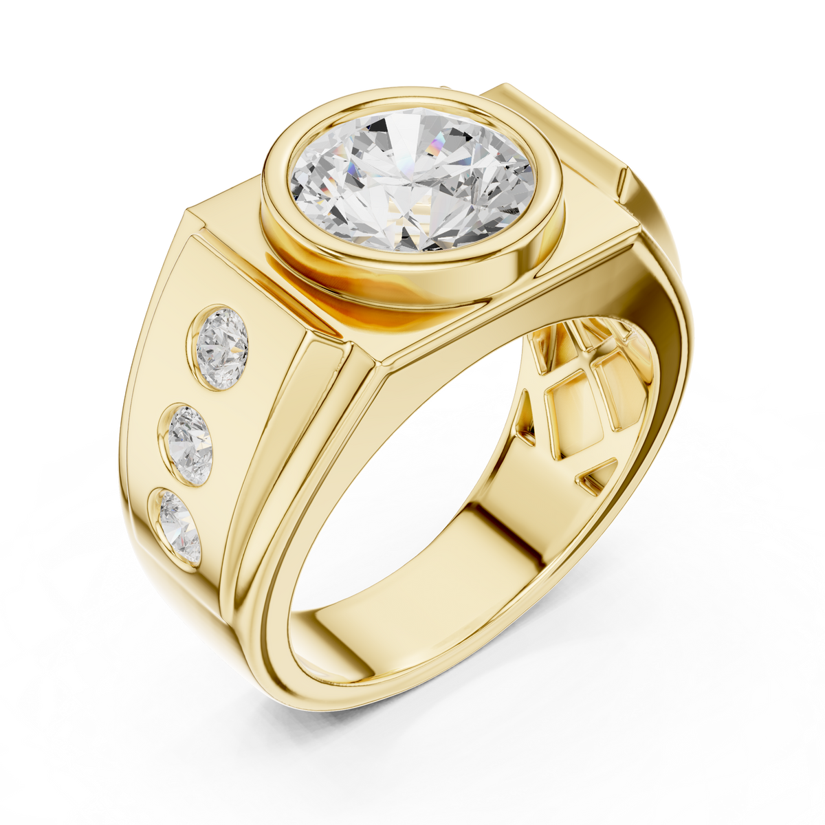 Opengewerkte ring met ronde diamant van 3 ct in kastzetting in geelgoud — aanzicht 13