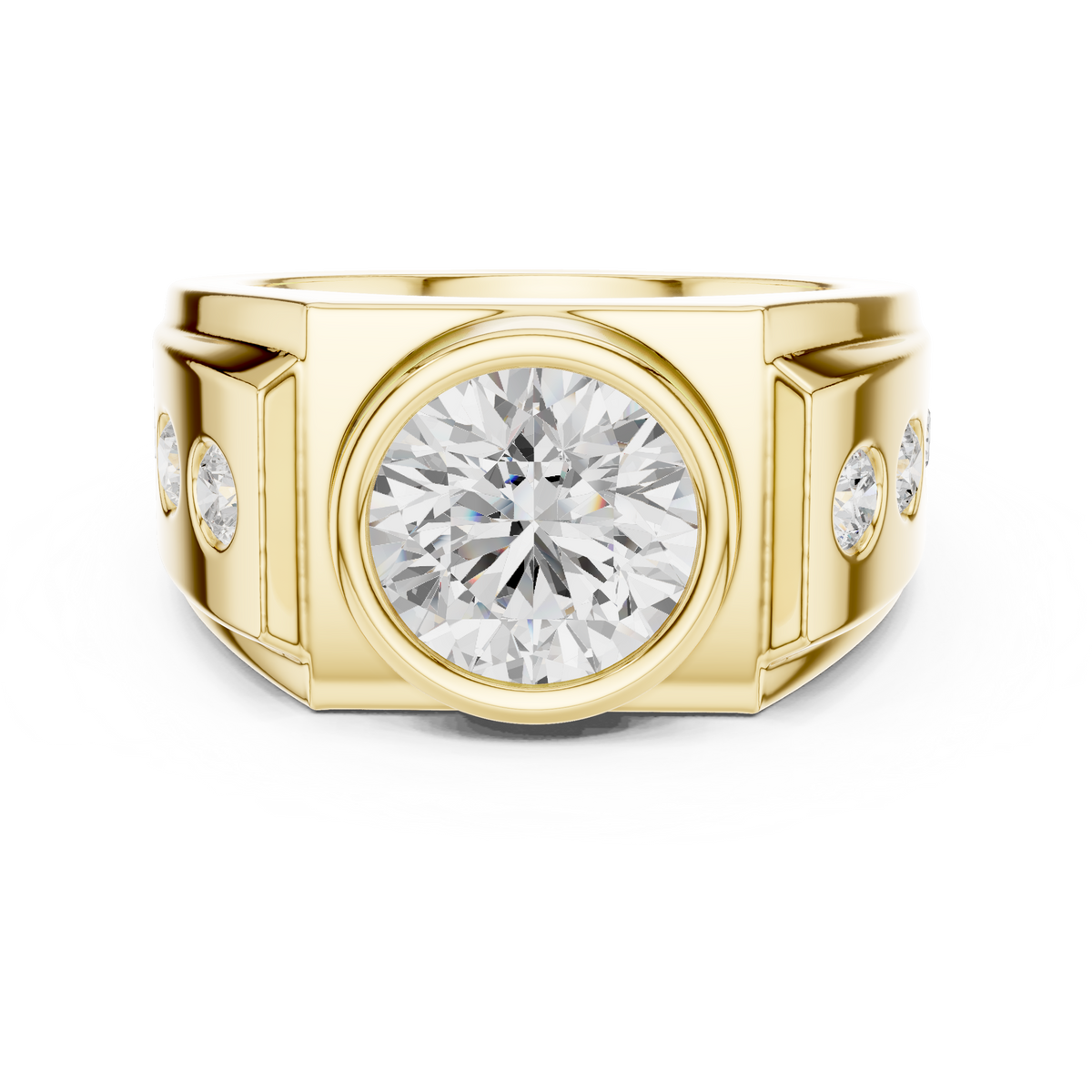 Opengewerkte ring met ronde diamant van 3 ct in kastzetting in geelgoud — aanzicht 15