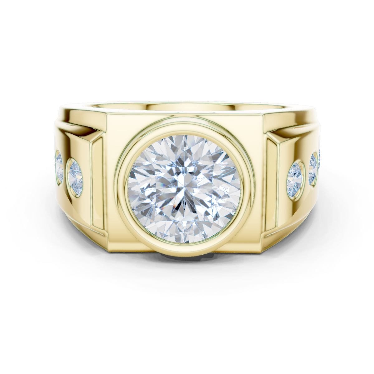 Opengewerkte ring met ronde diamant van 3 ct in kastzetting in geelgoud — aanzicht 12