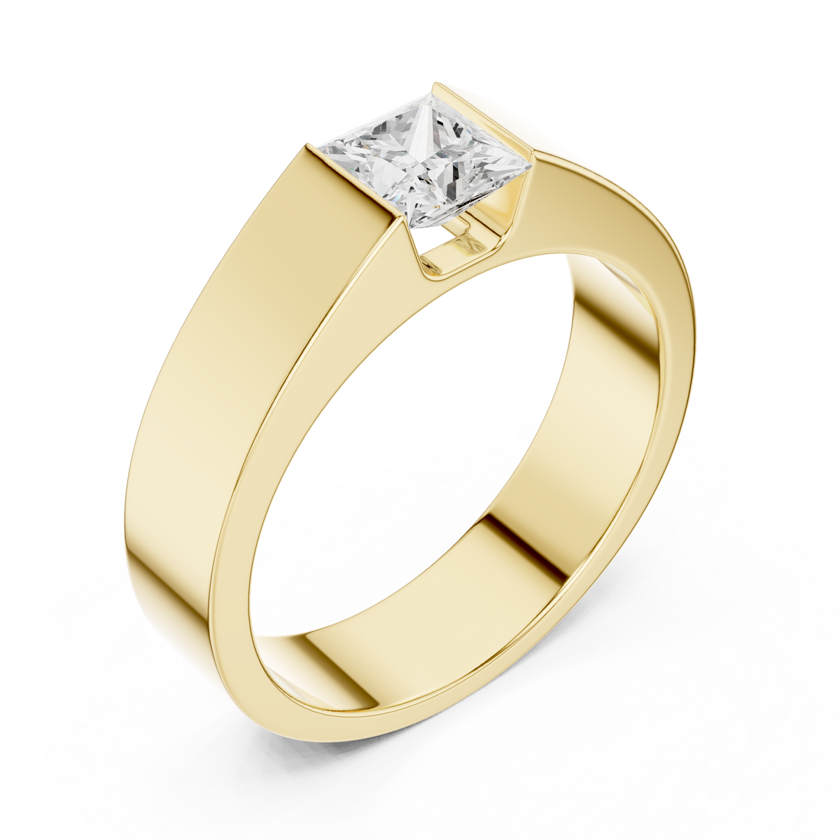 Brede ring met princessgeslepen diamant van 1 ct in geelgoud — aanzicht 1