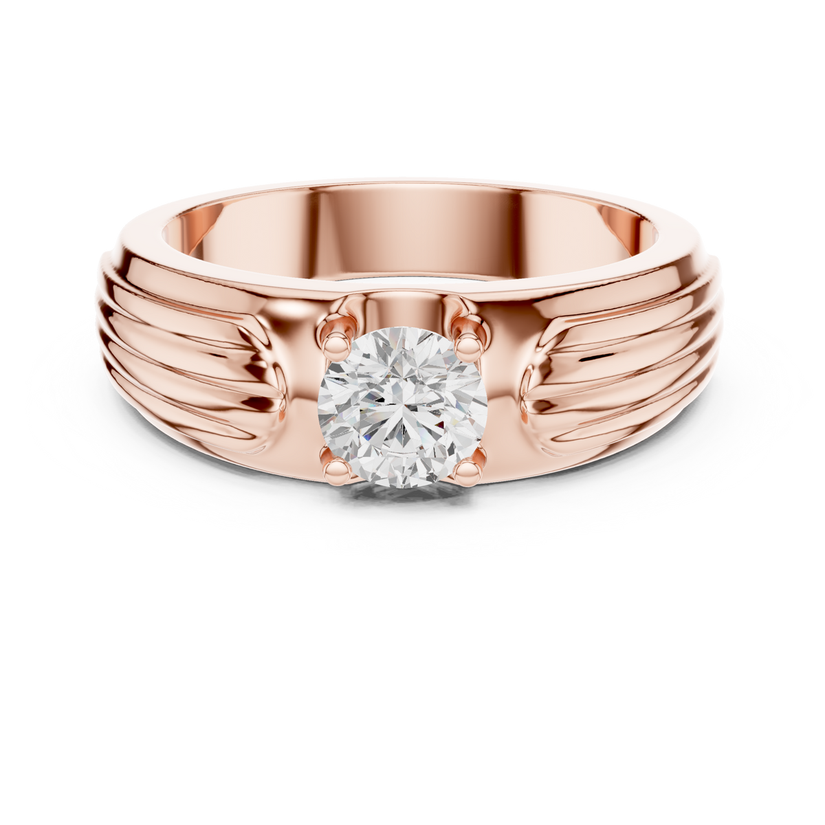 Men's Round Diamond Ribbed-Band Ring in rose gold, view 11