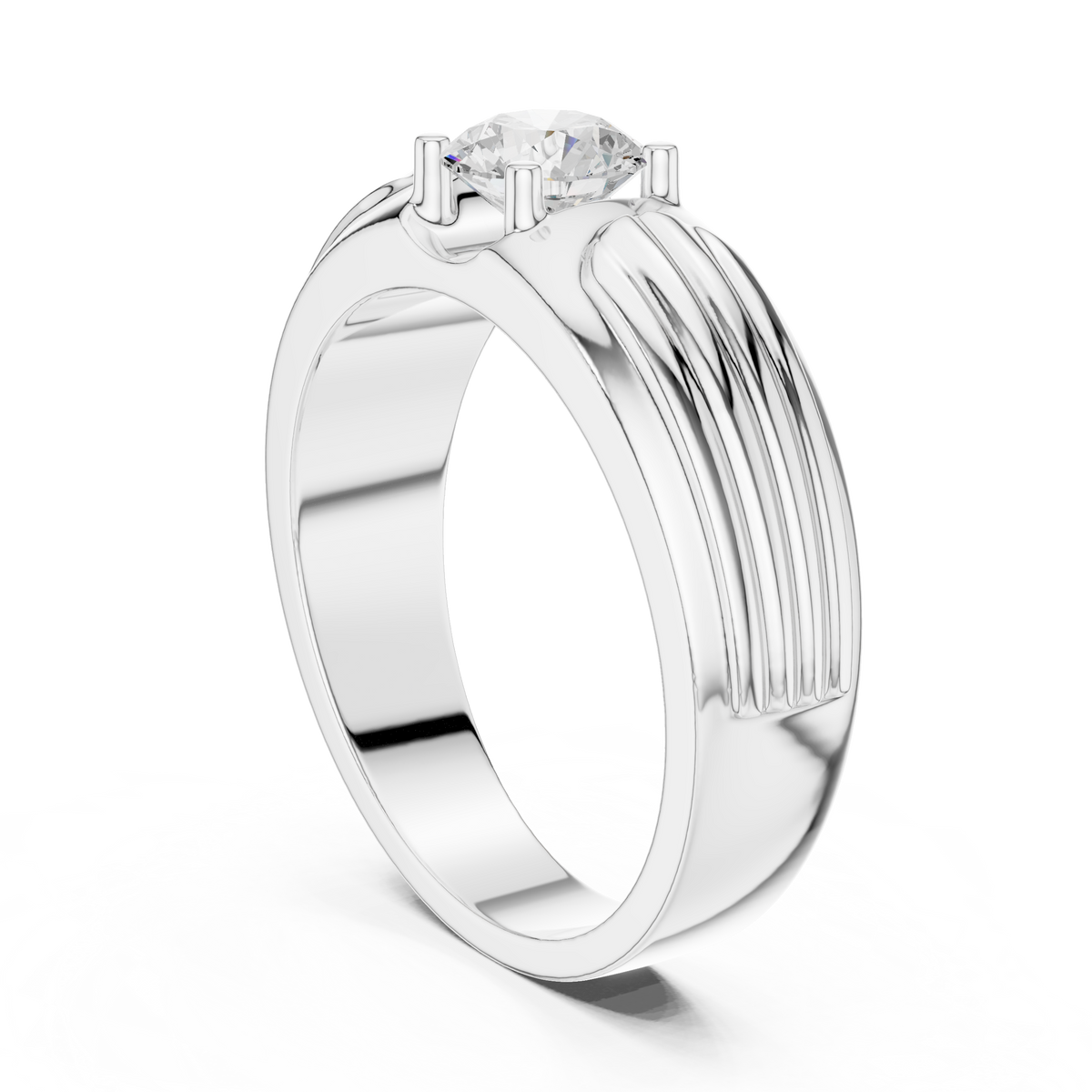 Men's Round Diamond Ribbed-Band Ring in white gold, view 12