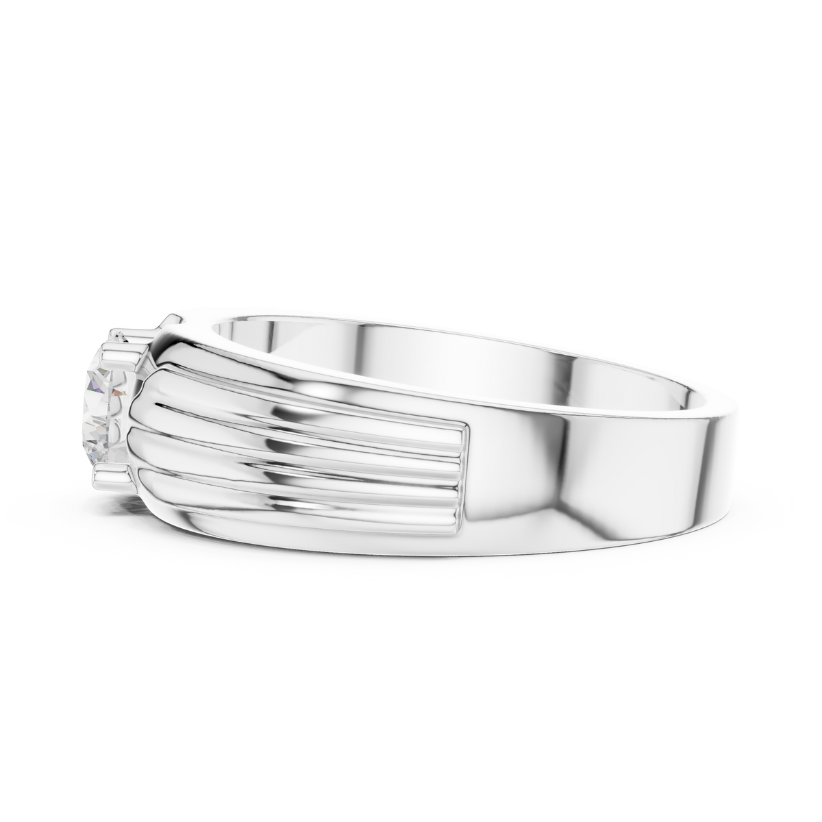Men's Round Diamond Ribbed-Band Ring in white gold, view 6