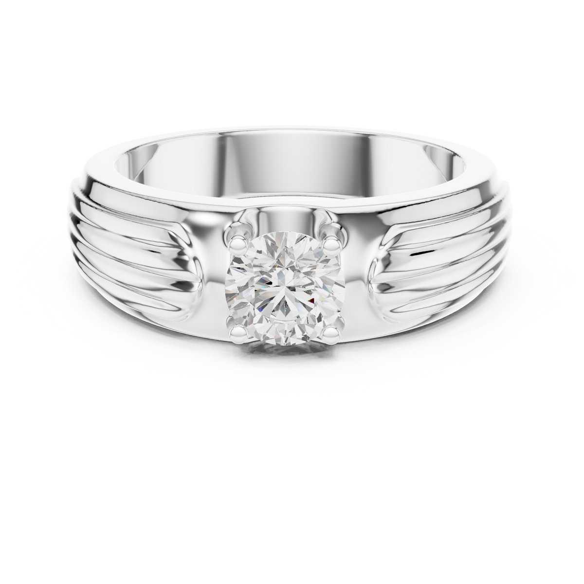 Men's Round Diamond Ribbed-Band Ring in white gold, view 7
