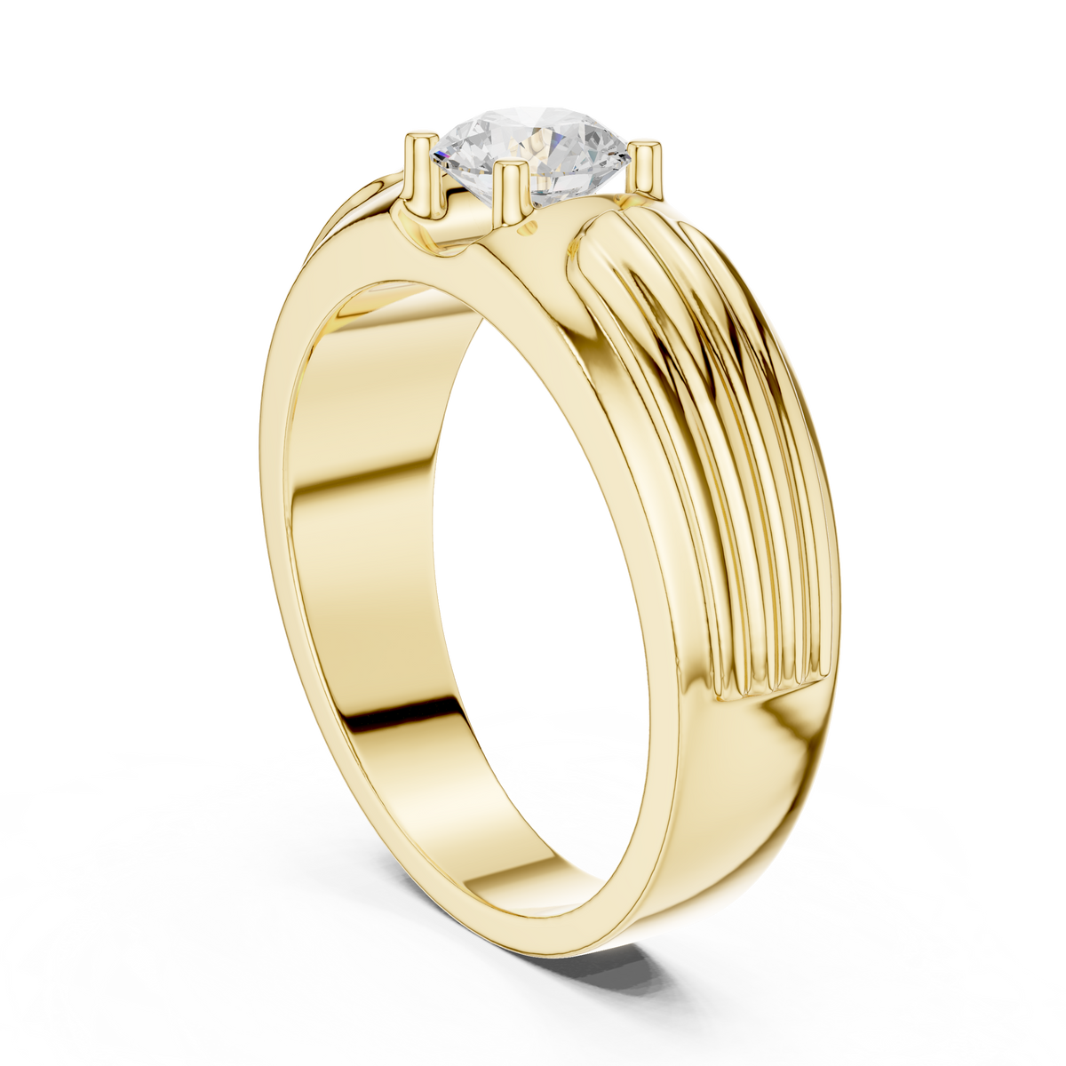 Men's Round Diamond Ribbed-Band Ring in yellow gold, view 13
