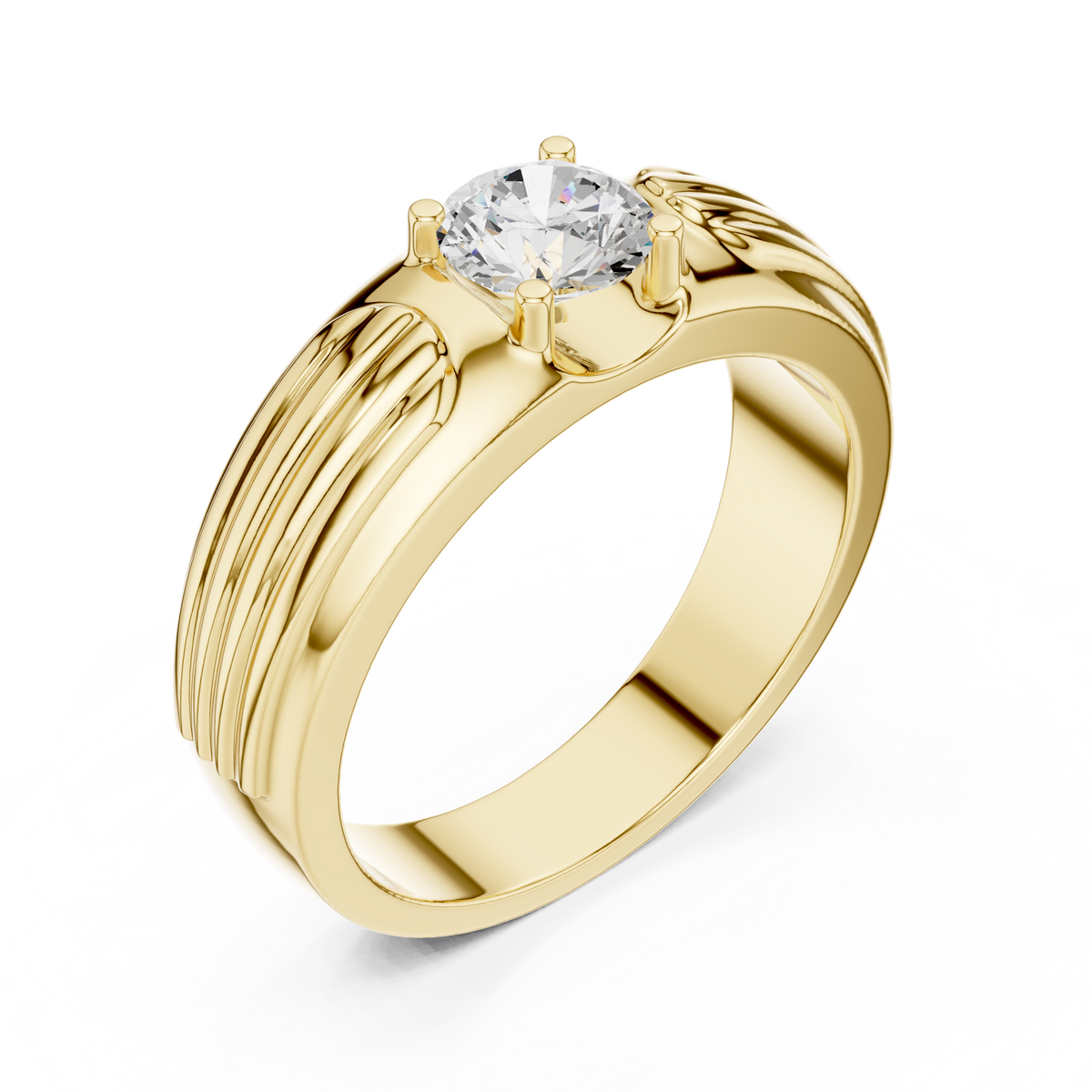 Men's Round Diamond Ribbed-Band Ring in yellow gold, view 1