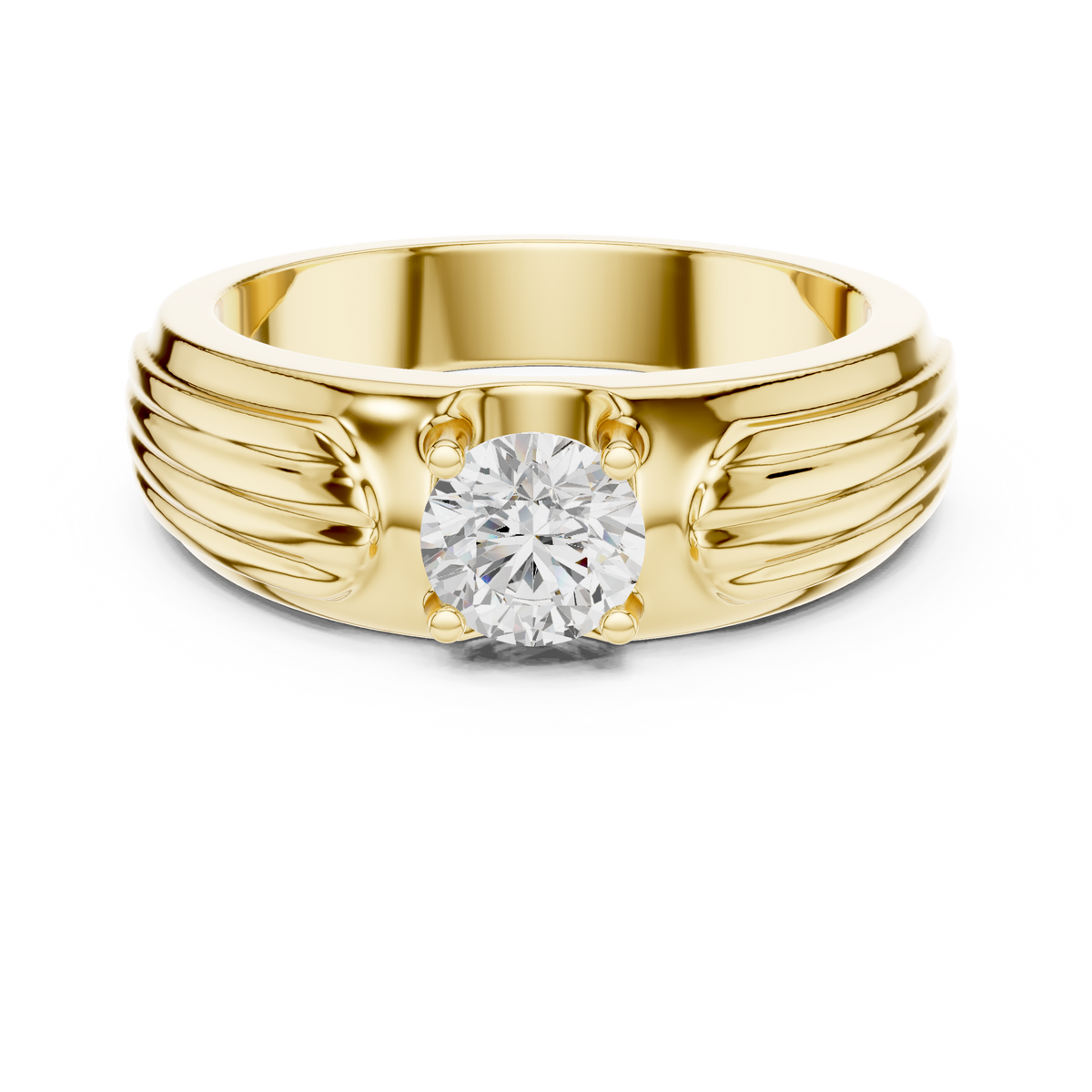 Men's Round Diamond Ribbed-Band Ring in yellow gold, view 15