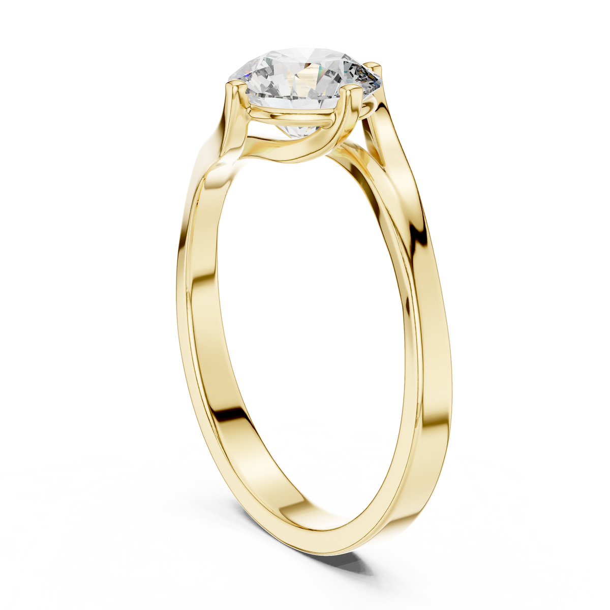 Solitairering met ronde diamant van 1 ct en gedraaid kruismotief in geelgoud — aanzicht 1