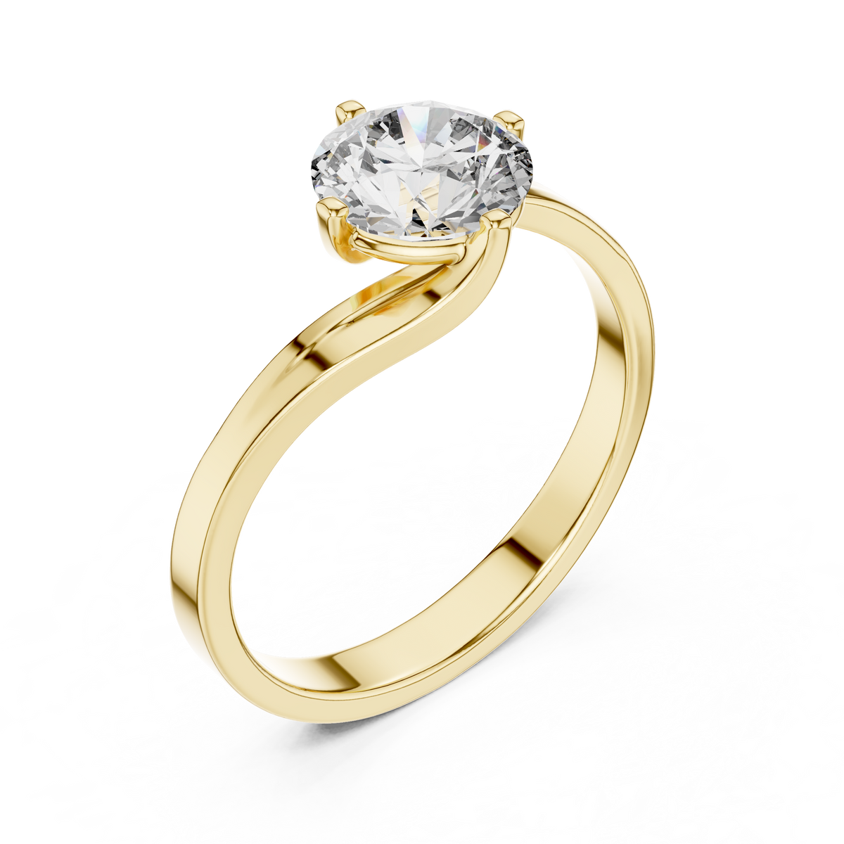 Solitairering met ronde diamant van 1 ct en gedraaid kruismotief in geelgoud — aanzicht 12