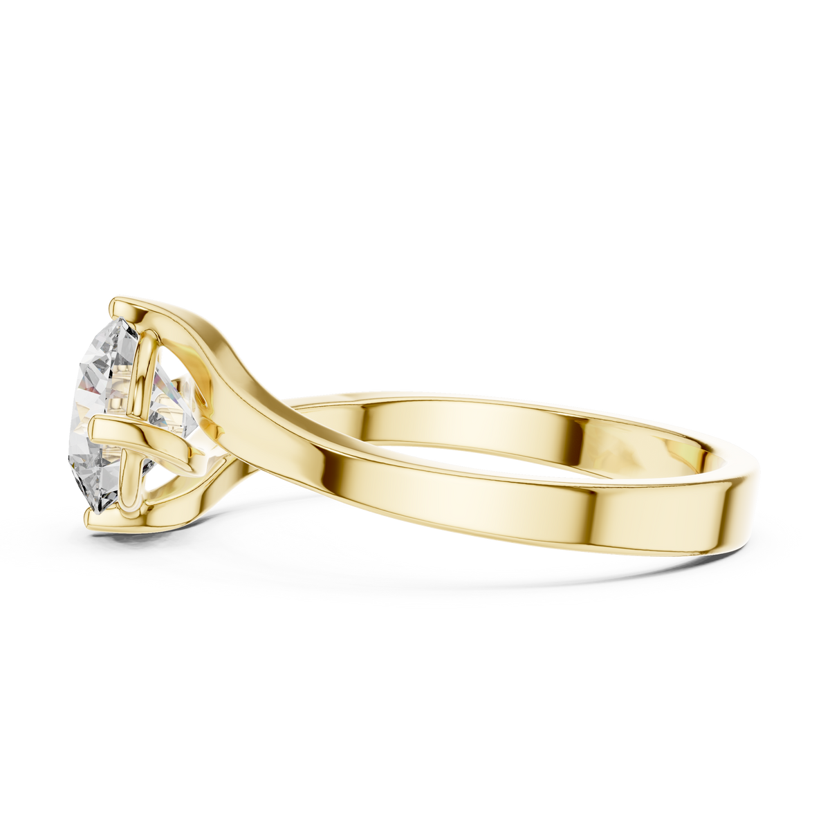 Solitairering met ronde diamant van 1 ct en gedraaid kruismotief in geelgoud — aanzicht 4