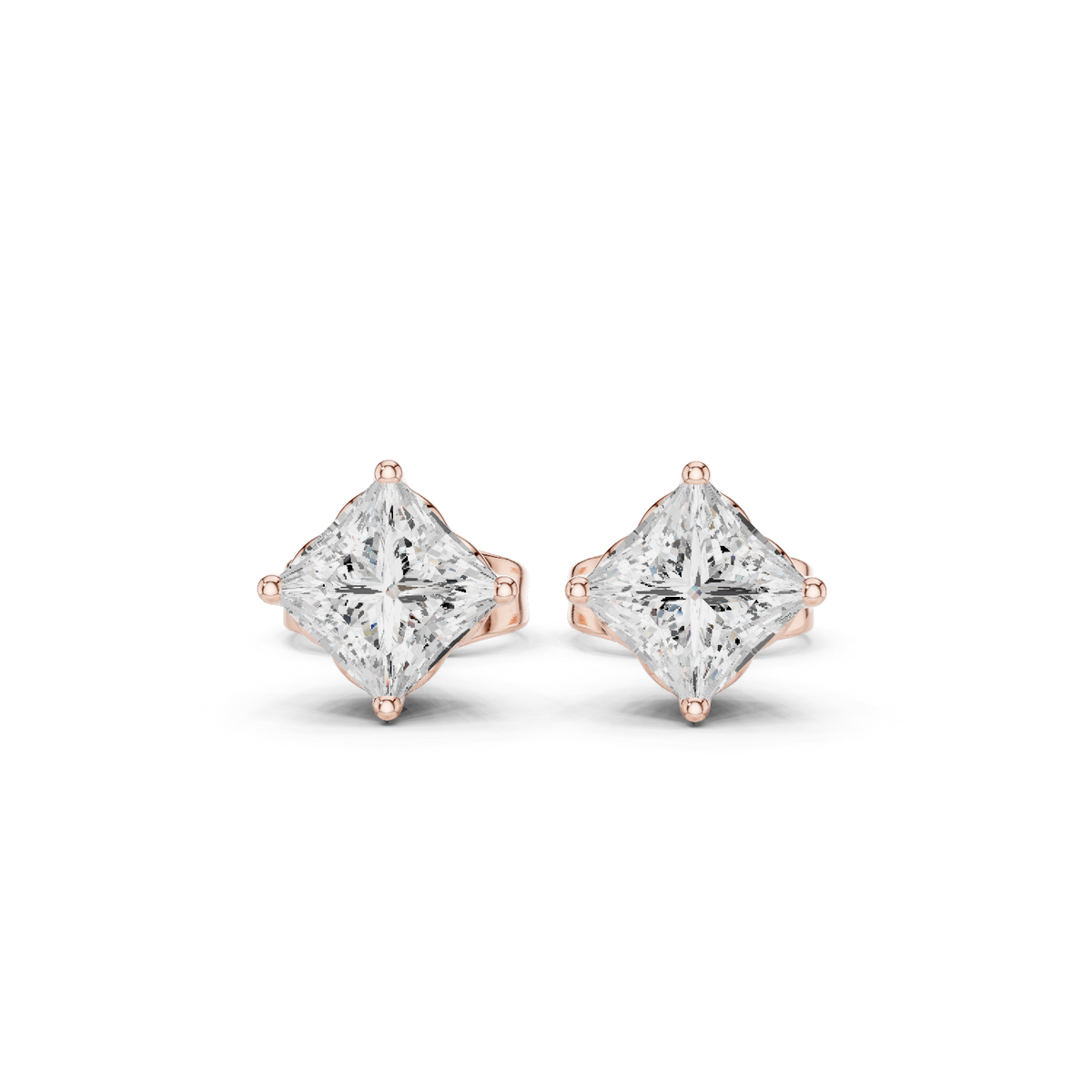 Solitaireoorstekers met princessgeslepen diamanten in roségoud — aanzicht 4