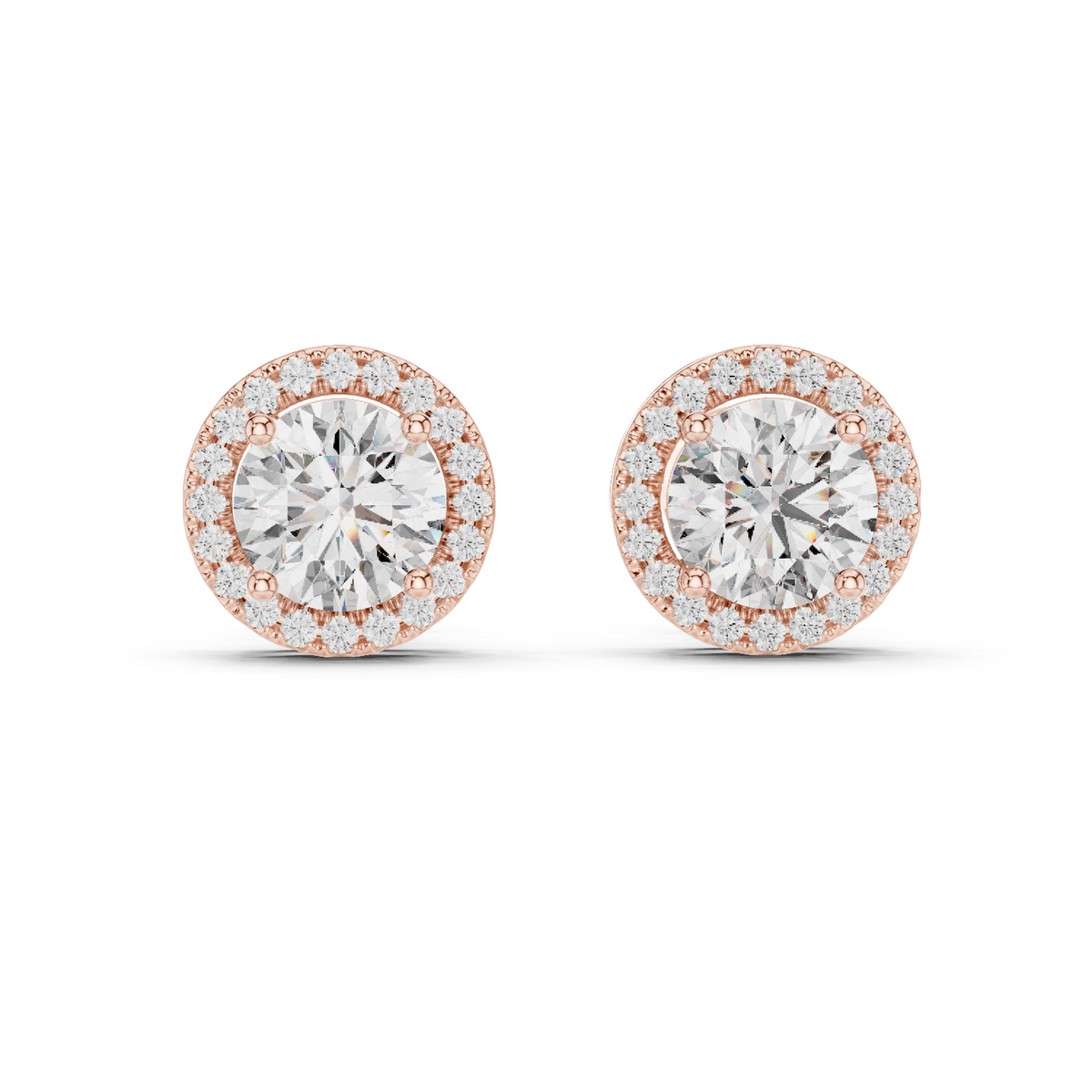 Double Halo Round Diamond Stud Earrings in rose gold, view 10