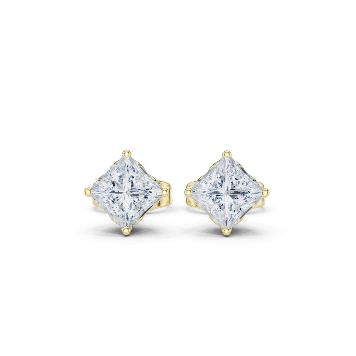Solitaireoorstekers met princessgeslepen diamanten in geelgoud — aanzicht 6