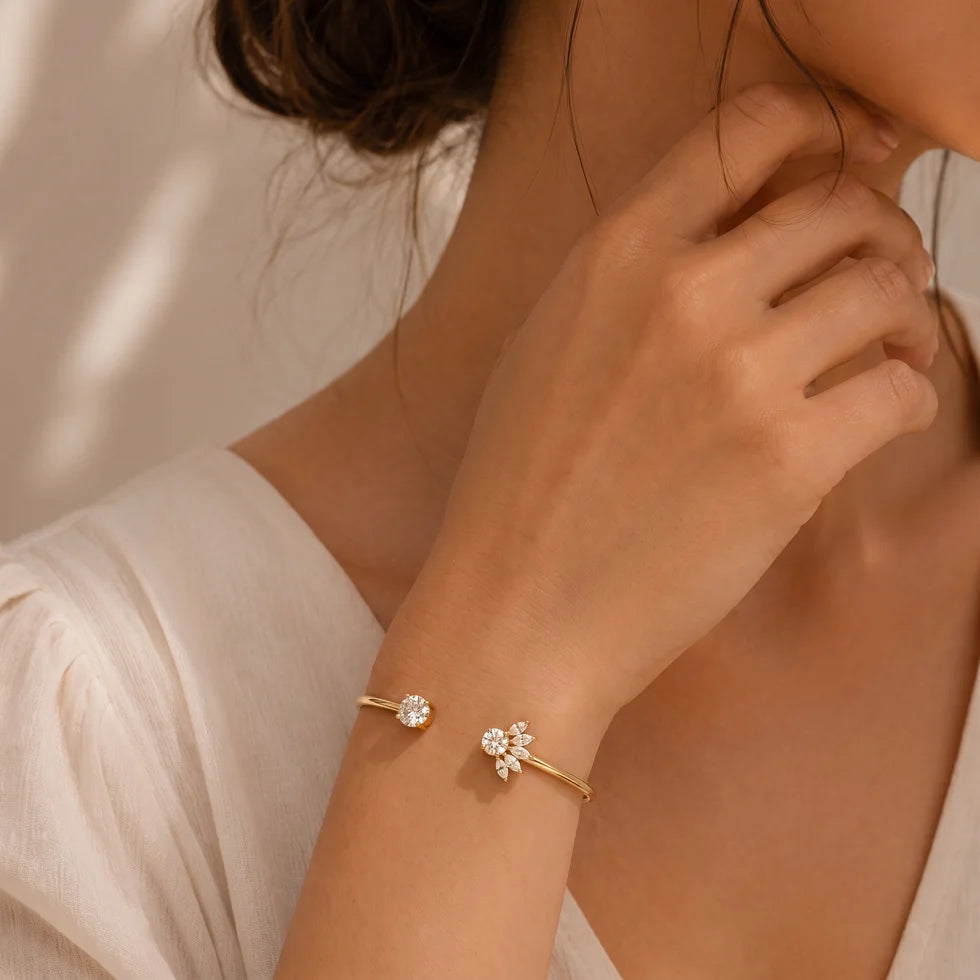 Asymmetric Floral Cluster Diamond Open Cuff Bangle